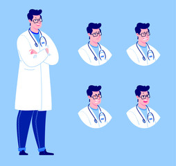 Wall Mural - Doctor in various emotions. Character design set. Vector illustration in a flat cartoon style.