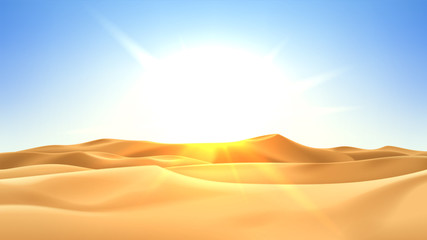 Realistic desert landscape with sunshine. Beautiful view on realistic sand dunes with sunset. 3d vector illustration of sandy desert.