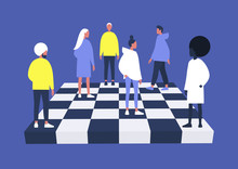 A Group Of Diverse Characters Playing Chess On A Chessboard, Management Concept