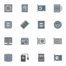 Computer Parts Filled Outline Icons Set, Line Vector Symbol Collection, Computer Hardware Linear Colorful Pictogram Pack. Signs, Logo Illustration, Set Includes Icons As CPU Processor, HDD, SSD, Bios
