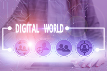 Poster - Writing note showing Digital World. Business concept for Inter connected through digital devices and social media
