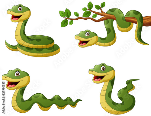 Fotografía Set of funny green snake cartoon. Vector illustration