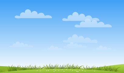 A banner with a simple spring landscape, a meadow with green grass and a blue sky with clouds and copy space. Modern summer background with place for text. Flat cartoon vector illustration.