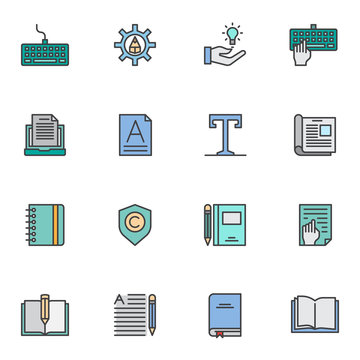 Copywriting filled outline icons set, line vector symbol collection, linear colorful pictogram pack. Signs, logo illustration, Set includes icons as computer keyboard, laptop computer, book, notebook