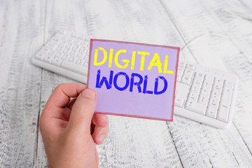 Poster - Word writing text Digital World. Business photo showcasing Inter connected through digital devices and social media man holding colorful reminder square shaped paper white keyboard wood floor