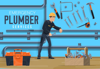 Plumber service, emergency water leakage and water pipeline plumbing. Vector worker man in uniform with spanner wrench tool, repair water sewage leakage, house gas or heating system pipes