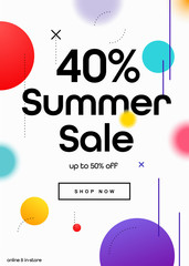 Wall Mural - 40% OFF Summer Season Sale Online Shopping Newsletter Ad Promo Campaign. Coupon, Voucher, Banner Design Concept. Minimal Banner with Shop Now Button.