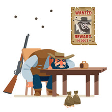 The Wanted Bandit Defeated Everyone And Fell Asleep Drunk In A Cowboy Bar. Wild West. Cartoon Vector Illustration. Flat Style. Isolated On White Background