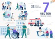 Family Doctor, Ambulance Service Team, Hospital or Rehabilitation Service Nurses, Senior and Disabled Patients Characters, Work Scenes Set. Medical Help Concepts Trendy Flat Vector Illustrations