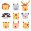 Set of cute wild animals faces, bear, deer, wolf, rabbit, hedgehog. Isolated vector illustration animals for baby, kids, child project design. Hand drawn cute style.