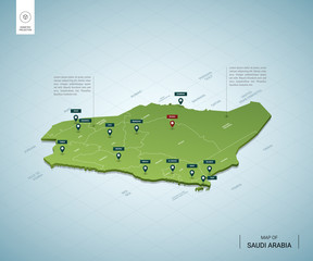 Wall Mural - stylized map of saudi arabia. isometric 3d green map with cities, borders, capital riyadh, regions. 