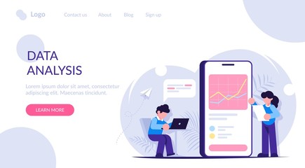 Poster - Data analysis concept. Man and woman work with big data. Analyzing data using your phone or laptop. Landing web page template.