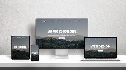 Fototapete - Web design studio promotion page on different display devices. Portfolio web design page concept