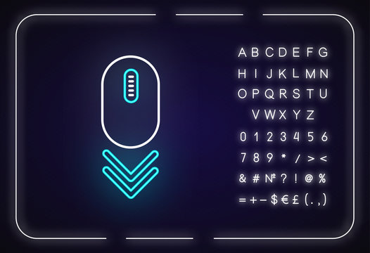 Scroll down mouse neon light icon. Internet page browsing double arrow. Web cursor. PC mouse. Outer glowing effect. Sign with alphabet, numbers and symbols. Vector isolated RGB color illustration