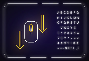 Wall Mural - Scroll down mouse neon light icon. Internet page browsing arrows. PC mouse and arrowheads. Outer glowing effect. Sign with alphabet, numbers and symbols. Vector isolated RGB color illustration