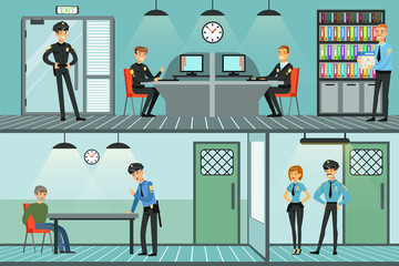 Wall Mural - Police Department Interior, Policemen Working and Questioning Suspects in Police Station Vector Illustration