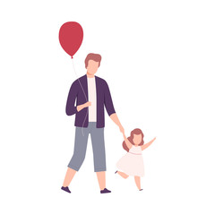 Poster - Father and His Little Daughter Walking Holding Hands, Parent and Kid Having Good Time Together Flat Vector Illustration