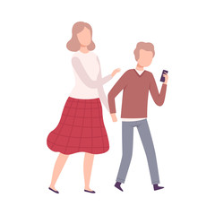 Poster - Mother and Her Teenage Son Walking Holding Hands, Mom and Her Child Having Good Time Together Flat Vector Illustration