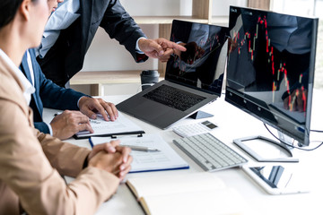Poster - Business team investment working with computer, planning and analyzing graph stock market trading with stock chart data, business financial investment and technology concept