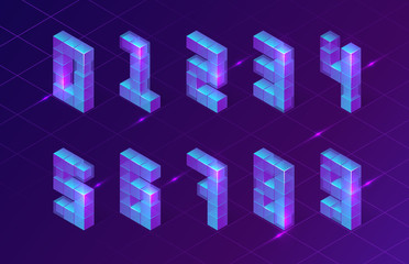 Isometric numbers made of 3d cubes on purple neon glowing background with retro synth wave grid and sparkles, hud hologram effect, futurisitic cyberpank vector elements, signs, retrowave symbols