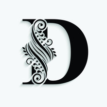 Letter D. Black Flower Alphabet.  Beautiful Capital Letter With Shadow