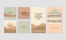 Set Of Unique Artistic Design Cards In Pastel Colors. Abstract Mountain Landscape Illustrations With Motivational Quotes. Geometric Graphics, Retro Vibes.