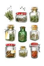 Dry Italian Herbs. Watercolor Sketch Of Food. Glass Jars With Spices, Herbs, Nuts And Peppers. Figure Black Line On A White Background.