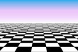 Graphic grid perspective chess background. Black silhouette on a sunset or sunrise background