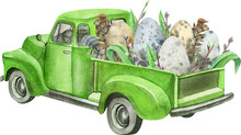 Watercolor Easter Retro Truck With Eggs,feathers, Floral. Hand Painted Vintage Retro Car Illustration Perfect For Easter Card Making, Wedding Invitation And Spring Postcards 