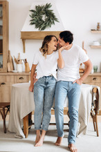 Couple In Love Happy Casual Kitchen Home Hugging