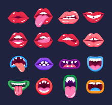 Sexual Woman And Monster Mouths. Red Lips And Scary Monster Teeth.