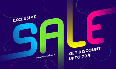 Wall Mural - Advertising Banner Design with Colorful Exclusive Sale Text and 70% Discount Offer on Purple Abstract Background.