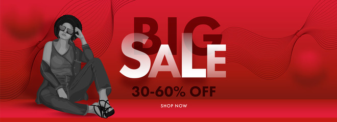 Wall Mural - Big Sale Header or Banner Design with 30-60% Discount Offer and Modern Young Girl Sitting on Dynamic Wavy Red Background.