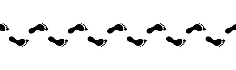 Flat linear design. Track of footprints from a human foot without shoes. Black and contour marks. Seamless path. Isolated vector elements.