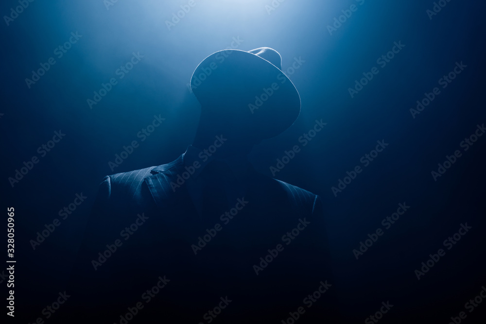 Silhouette of dangerous gangster in suit and felt hat on dark background - obrazy, fototapety, plakaty 