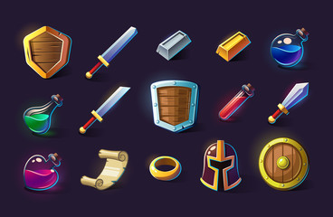 Leinwandbilder - Set of vector icons, objects, things, item. Game concept and design. Design element. Magical magic. Game assets and tile. Fantasy, fiction style.