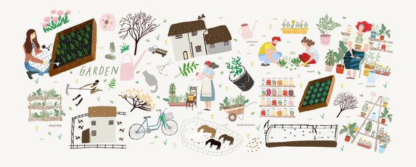 Garden! Vector cute illustration of woman and man cares for garden, potted plant and horses, grows organic vegetables and herbs on farm or at home. Drawings for a card, poster or postcard