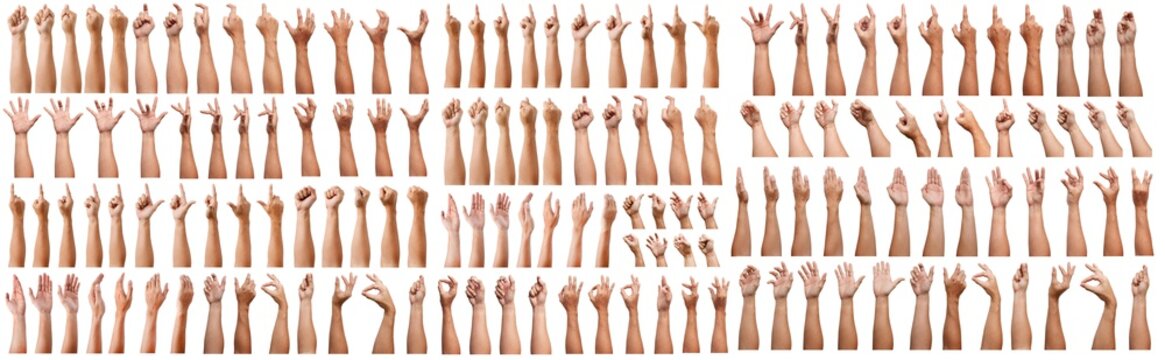 super set of male asian hand gestures isolated over the white background. grab with five fingers act