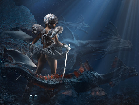 Underwater fantasy girl a dragon queen mixed media