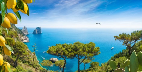 Wall Mural - Panoramic image with famous Faraglioni Rocks, most visited travel attraction near Capri Island, Italy.