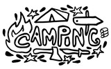 Fototapeta Młodzieżowe - Hand drawn camping and hiking elements, isolated on white background. Cute background with lettering full of icons perfect for summer camp flyers and posters.