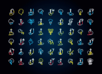Poster - Hookah neon light icons set. Sheesha house. Nargile lounge. Odor from pipe. Scent of vaporizing. Smoking area. Fragrance emblem. Signs with outer glowing effect. Vector isolated RGB color illustration