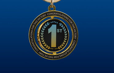 Text of 1st position Winner badge on blue background with copy space