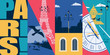 Paris, France vector skyline illustration, postcard. Travel to Paris modern flat graphic design element