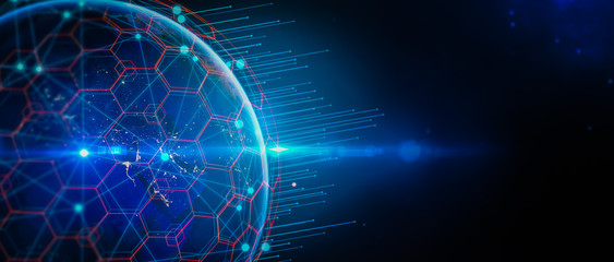 Concept of communication network technology for internet business. World of global network and telecommunication on earth cryptocurrency,IoT and blockchain. Elements of this image furnished by NASA.