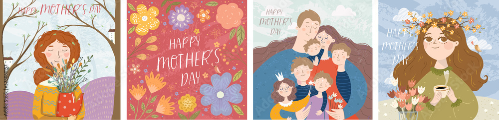 Happy mother's day! Vector illustration of mom with flowers, floral frame with text and cute family hugging. Drawing for card, postcard or background. - obrazy, fototapety, plakaty 