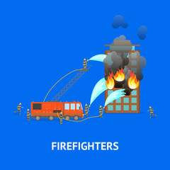 Poster - Cartoon Firefighting in City . Vector