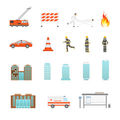 Poster - Cartoon Firefighting in City Icon Set. Vector