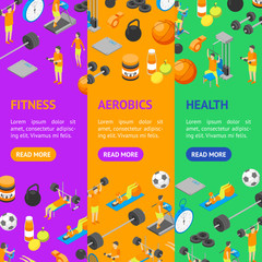 Sticker - Fitness Club Concept Banner Vecrtical Set 3d Isometric View. Vector