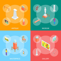 Poster - Museum Hall Interior Banner Set Isometric View. Vector